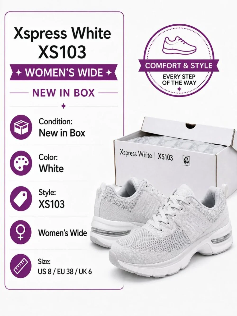 Aetrex XS103 Women’s Size 8 Wide White Arch Support Sneakers New in Box